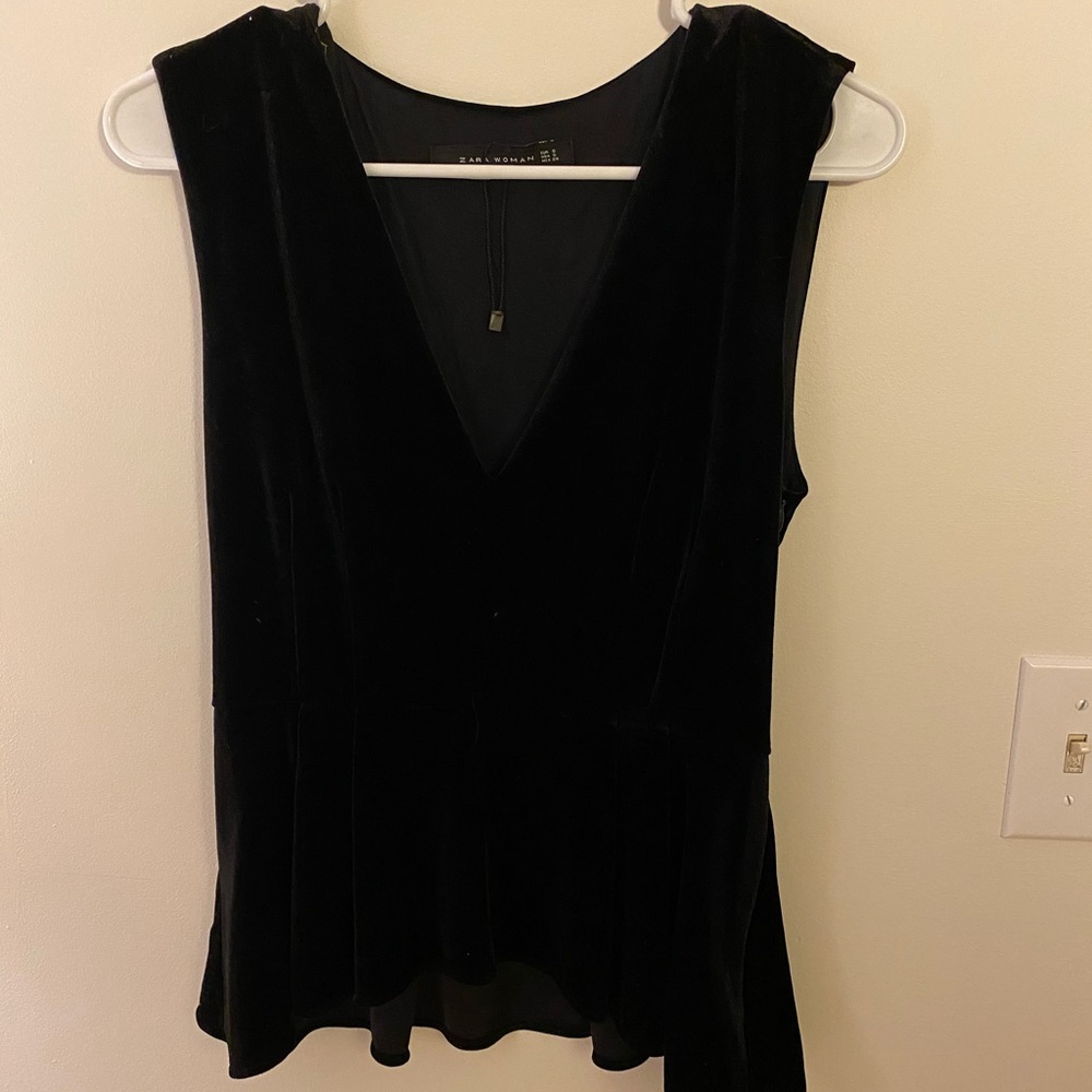 Zara Black Velvet Peplum Top V-Neck